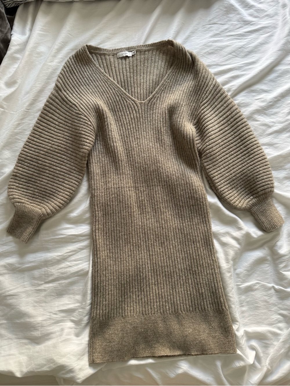 Lush Taupe Ribbed V-Neck Sweater Dress